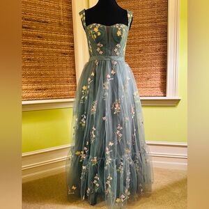 Embroidered Tulle Tea Length Dress in Dusty Teal